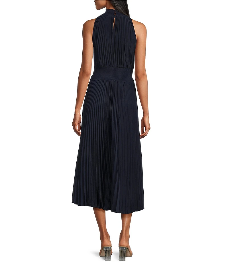 Marina Sleeveless Halter Mock Neck Smocked Pleated Crepe Chiffon A-Line Midi Dress