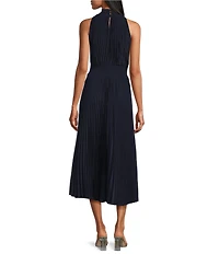 Marina Sleeveless Halter Mock Neck Smocked Pleated Crepe Chiffon A-Line Midi Dress