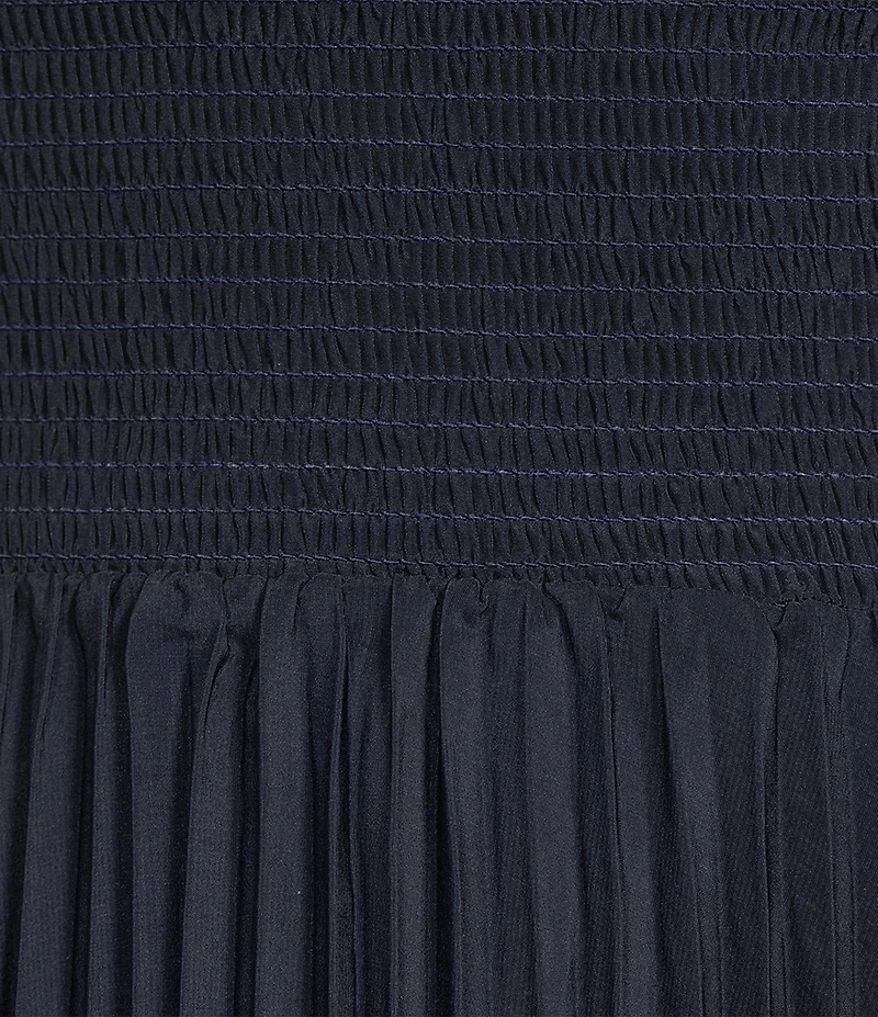 Marina Sleeveless Halter Mock Neck Smocked Pleated Crepe Chiffon A-Line Midi Dress