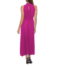Marina Sleeveless Halter Mock Neck Smocked Pleated Crepe Chiffon A-Line Midi Dress