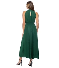 Marina Sleeveless Halter Mock Neck Smocked Pleated Crepe Chiffon A-Line Midi Dress