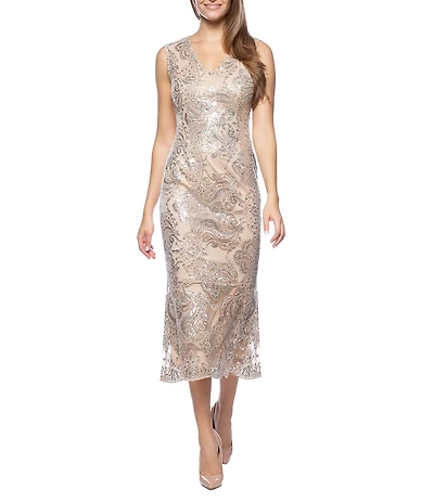 Marina Sleeveless V-Neck Sequin Lace Midi Dress