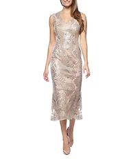 Marina Sleeveless V-Neck Sequin Lace Midi Dress