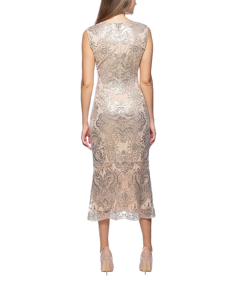 Marina Sleeveless V-Neck Sequin Lace Midi Dress