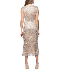 Marina Sleeveless V-Neck Sequin Lace Midi Dress