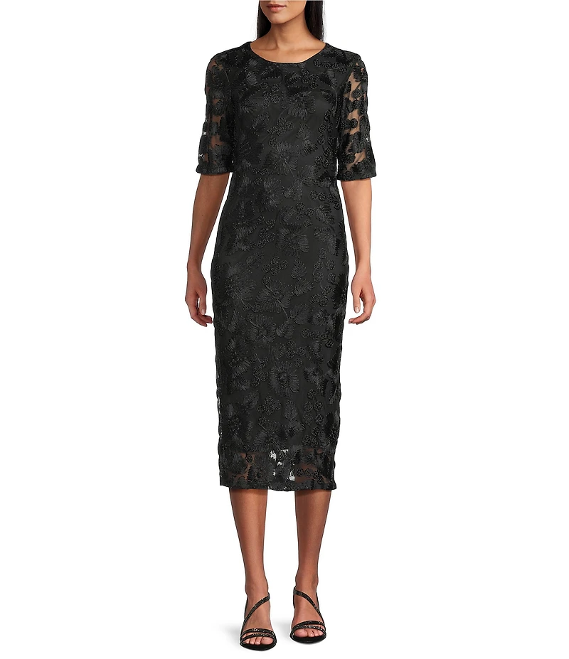 Marina Soutache Mesh Lace Elbow Sleeve Midi Dress