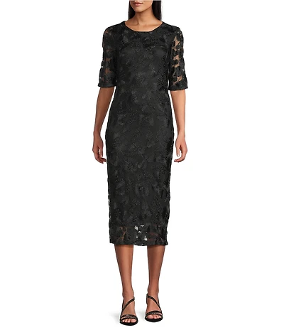 Marina Soutache Mesh Lace Elbow Sleeve Midi Dress