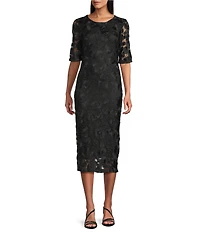 Marina Soutache Mesh Lace Elbow Sleeve Midi Dress