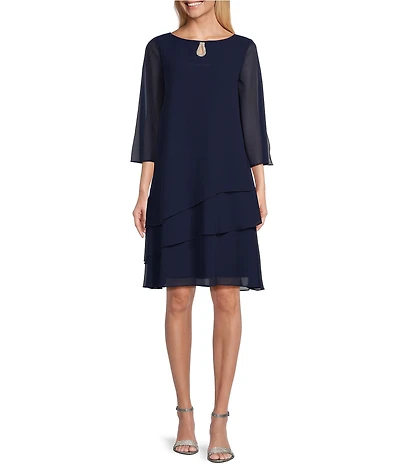 Marina Split 3/4 Sleeve Round Beaded Keyhole Neck Asymmetrical Tiered Chiffon Trapeze Dress