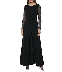 Marina Stretch Crepe Long Beaded Sleeve Round Neck Walk Thru Jumpsuit