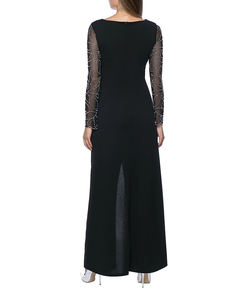 Marina Stretch Crepe Long Beaded Sleeve Round Neck Walk Thru Jumpsuit