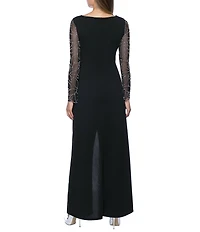 Marina Stretch Crepe Long Beaded Sleeve Round Neck Walk Thru Jumpsuit
