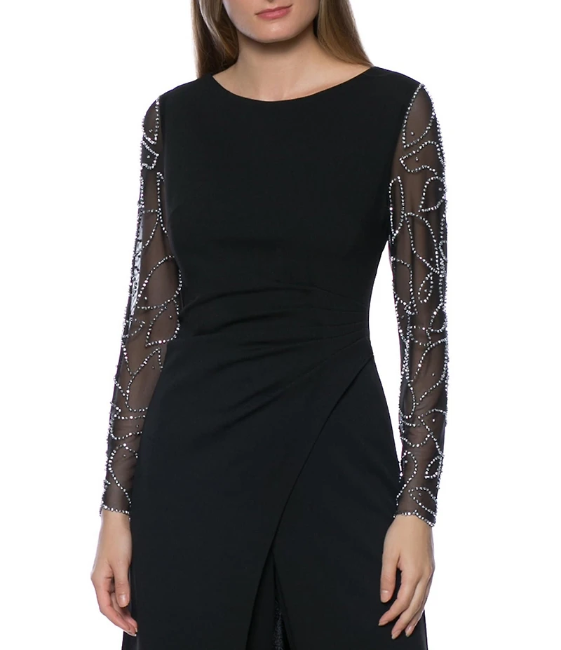 Marina Stretch Crepe Long Beaded Sleeve Round Neck Walk Thru Jumpsuit