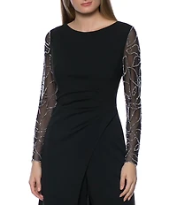 Marina Stretch Crepe Long Beaded Sleeve Round Neck Walk Thru Jumpsuit