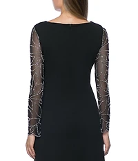 Marina Stretch Crepe Long Beaded Sleeve Round Neck Walk Thru Jumpsuit