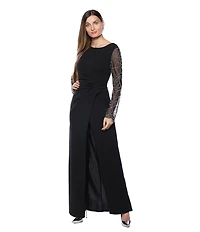 Marina Stretch Crepe Long Beaded Sleeve Round Neck Walk Thru Jumpsuit