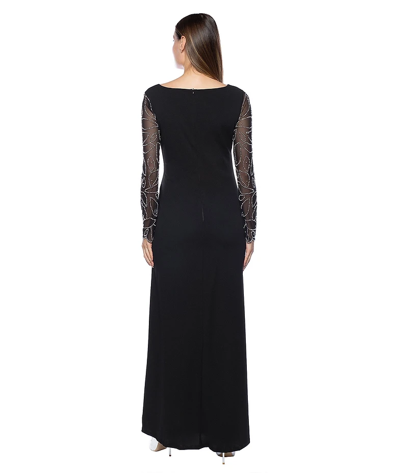 Marina Stretch Crepe Long Beaded Sleeve Round Neck Walk Thru Jumpsuit