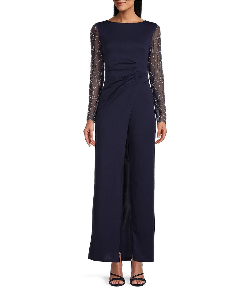 Marina Stretch Crepe Long Beaded Sleeve Round Neck Walk Thru Jumpsuit