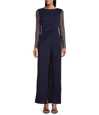 Marina Stretch Crepe Long Beaded Sleeve Round Neck Walk Thru Jumpsuit