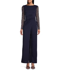 Marina Stretch Crepe Long Beaded Sleeve Round Neck Walk Thru Jumpsuit