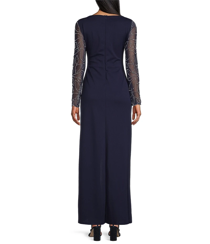 Marina Stretch Crepe Long Beaded Sleeve Round Neck Walk Thru Jumpsuit