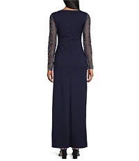 Marina Stretch Crepe Long Beaded Sleeve Round Neck Walk Thru Jumpsuit