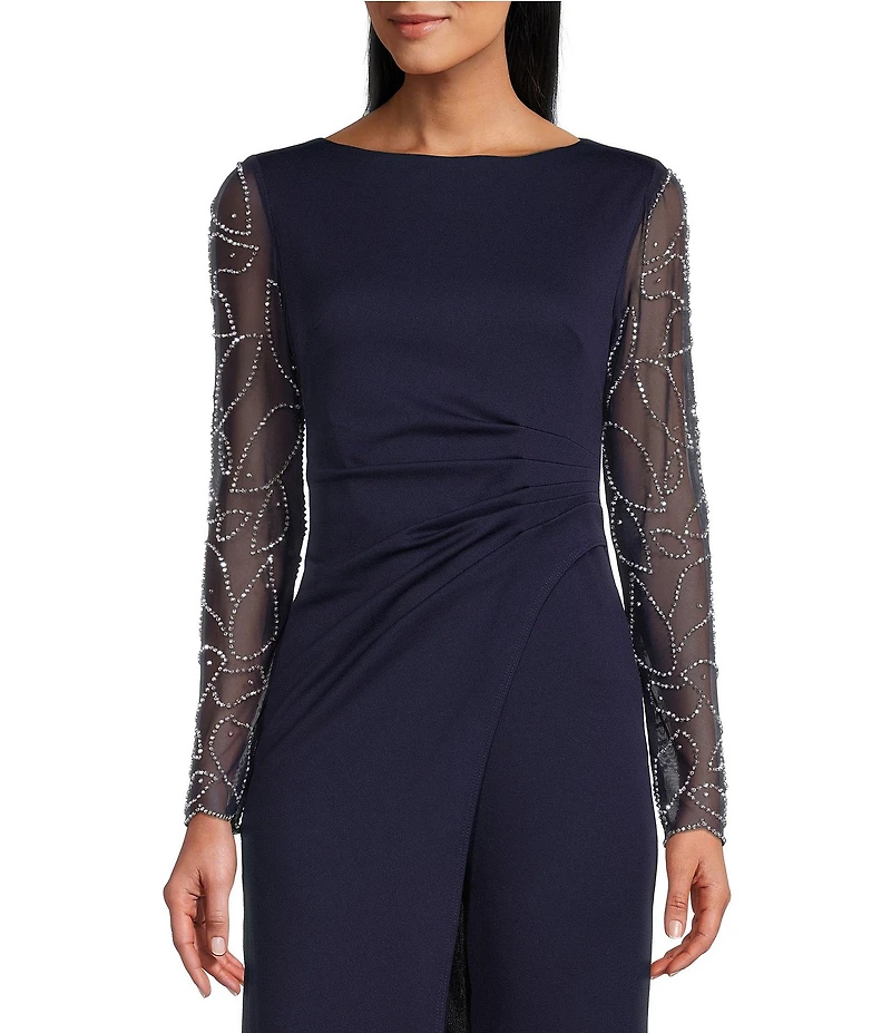 Marina Stretch Crepe Long Beaded Sleeve Round Neck Walk Thru Jumpsuit