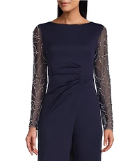 Marina Stretch Crepe Long Beaded Sleeve Round Neck Walk Thru Jumpsuit