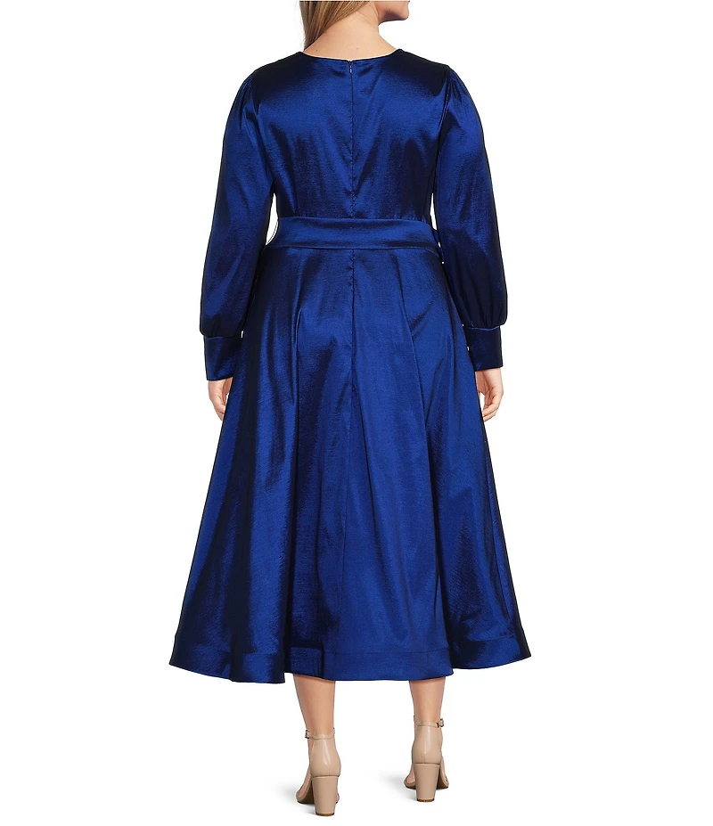 Marina Stretch Plus Size Taffeta V-Neck Long Sleeve Tie Sash Fit-and-Flare Gown