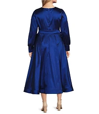 Marina Stretch Plus Size Taffeta V-Neck Long Sleeve Tie Sash Fit-and-Flare Gown