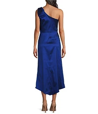 Marina Stretch Taffeta One Shoulder Bow Neck A-Line Midi Dress