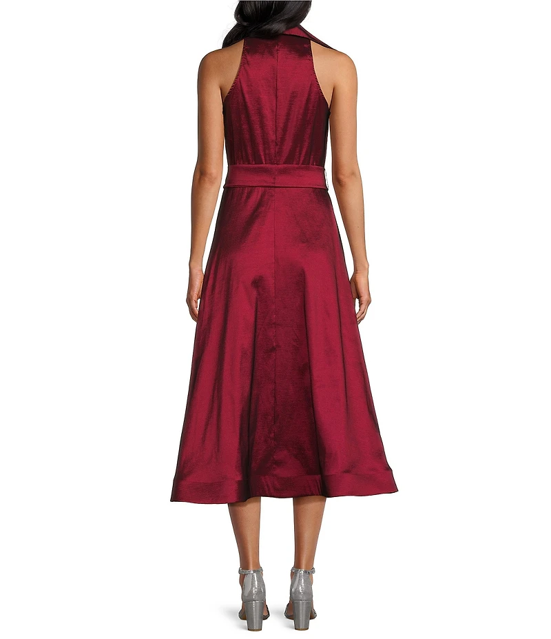 Marina Stretch Taffeta Point Collar Sleeveless Button Front A-Line Midi Dress