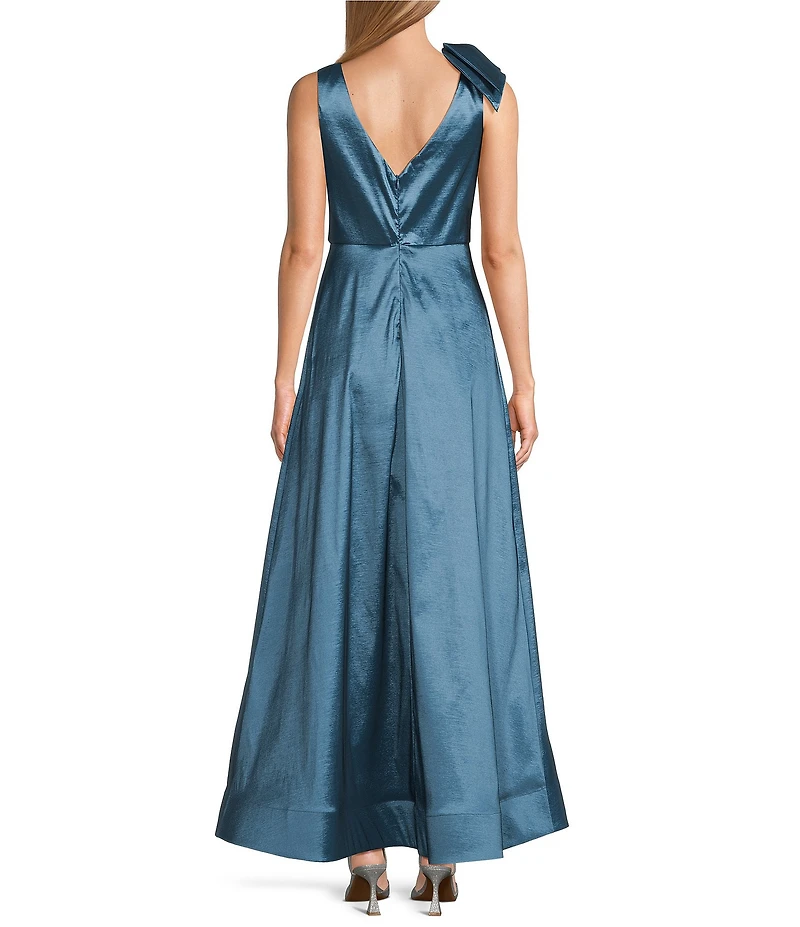 Marina Stretch Taffeta V-Neck Bow Shoulder Sleeveless Ball Gown
