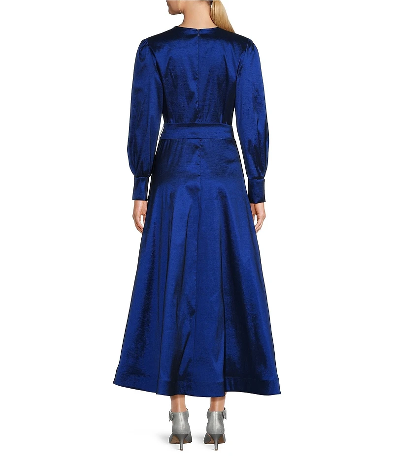 Marina Stretch Taffeta V-Neck Long Sleeve Tie Sash Fit-and-Flare Gown