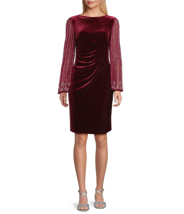 Marina Stretch Velvet Keyhole Brooch Neckline Long Sleeve Sheath Dress at  CoolSprings Galleria in Franklin, TN