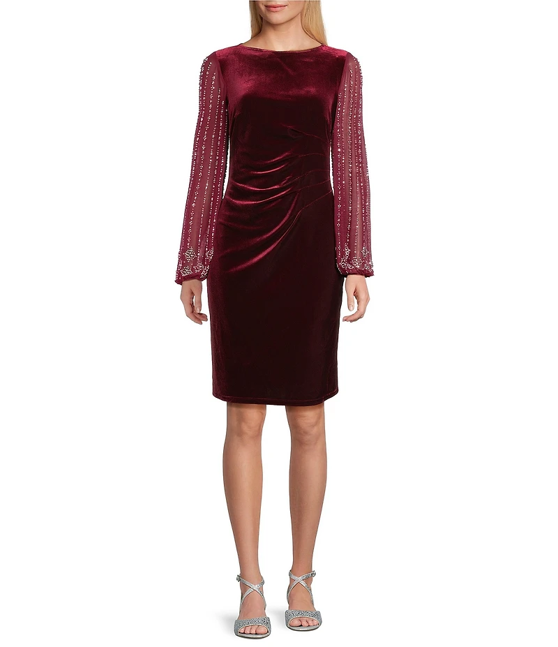 Marina Stretch Velvet Beaded Long Sleeve Pleated Side Dress