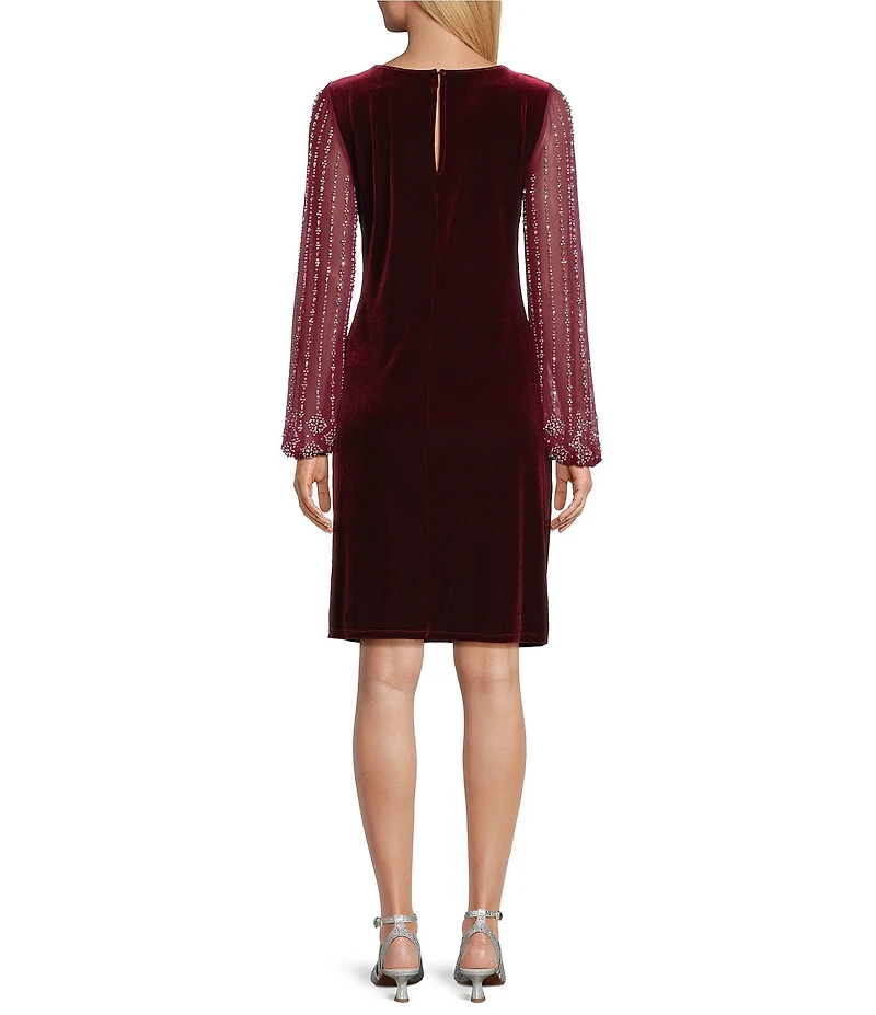 Marina Stretch Velvet Beaded Long Sleeve Pleated Side Dress