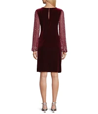 Marina Stretch Velvet Beaded Long Sleeve Pleated Side Dress