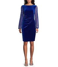 Marina Stretch Velvet Beaded Long Sleeve Pleated Side Dress