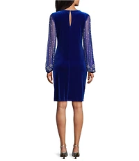 Marina Stretch Velvet Beaded Long Sleeve Pleated Side Dress