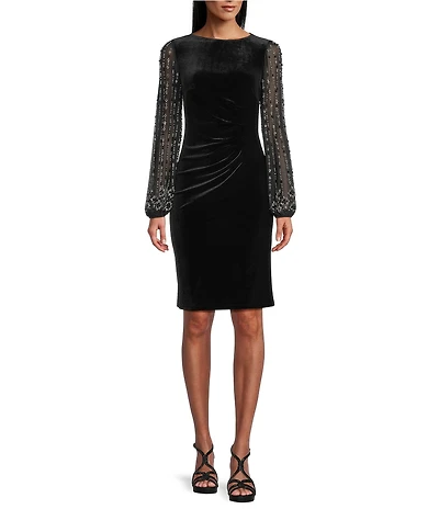 Marina Stretch Velvet Beaded Long Sleeve Pleated Side Dress