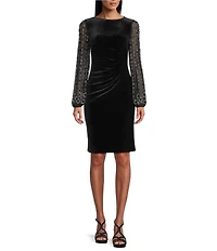 Marina Stretch Velvet Beaded Long Sleeve Pleated Side Dress