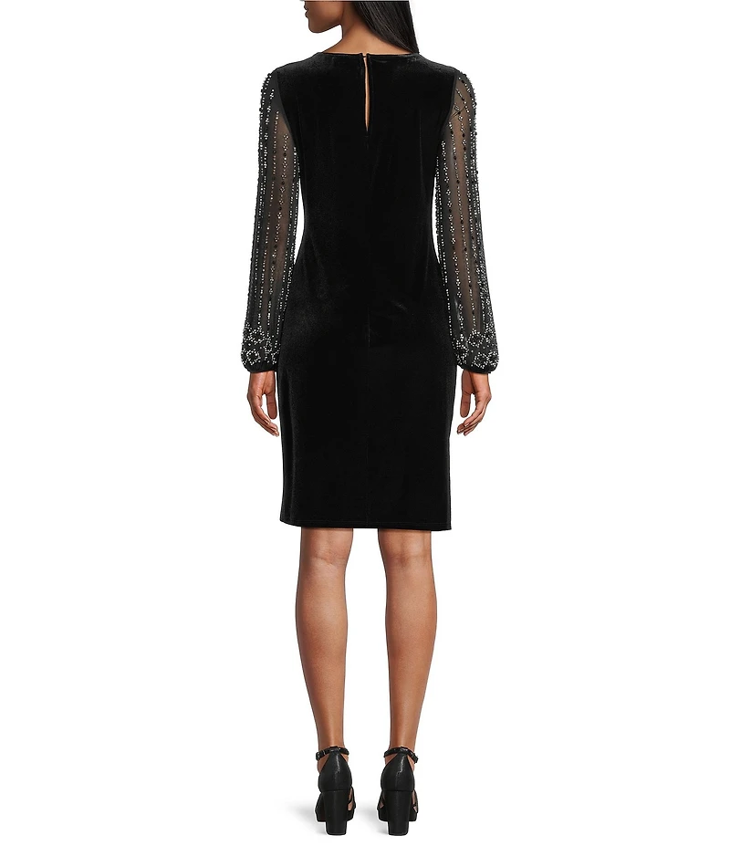 Marina Stretch Velvet Beaded Long Sleeve Pleated Side Dress