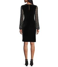 Marina Stretch Velvet Beaded Long Sleeve Pleated Side Dress
