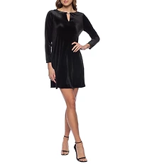 Marina Stretch Velvet Keyhole Brooch Neckline Long Sleeve Sheath Dress