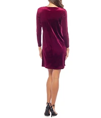 Marina Stretch Velvet Keyhole Brooch Neckline Long Sleeve Sheath Dress