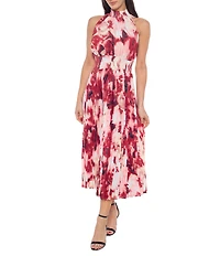 Marina Tie Dye Pleated Mock Neck Sleeveless A-Line Midi Dress