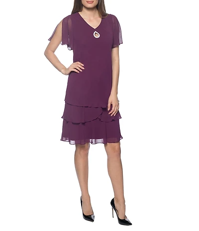 Marina Tiered Chiffon Rhinestone Keyhole V-Neck Flutter Short Sleeve Dress