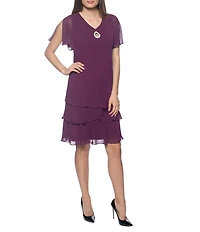 Marina Tiered Chiffon Rhinestone Keyhole V-Neck Flutter Short Sleeve Dress