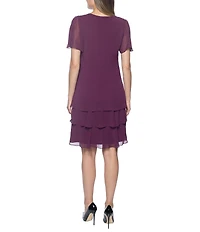 Marina Tiered Chiffon Rhinestone Keyhole V-Neck Flutter Short Sleeve Dress